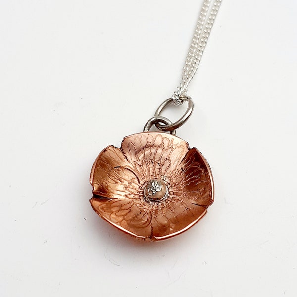 Copper, floral, flower, pendant, sweet, dainty, pretty, shiny, metal, engraved, petals,  silver necklace, gift for her, comfortable, light.