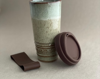 Handcrafted Stoneware Travel Mug: Large 16 oz, Silicone Lid & Sleeve