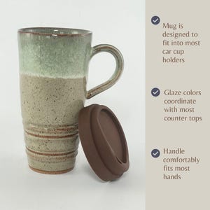 A Seafoam Green Travel Mug with Lid plus listed features:
Mug is designed to fit most car cup holders.
Glaze colors coordinate with most counter tops.
Handle comfortably fits most hands.