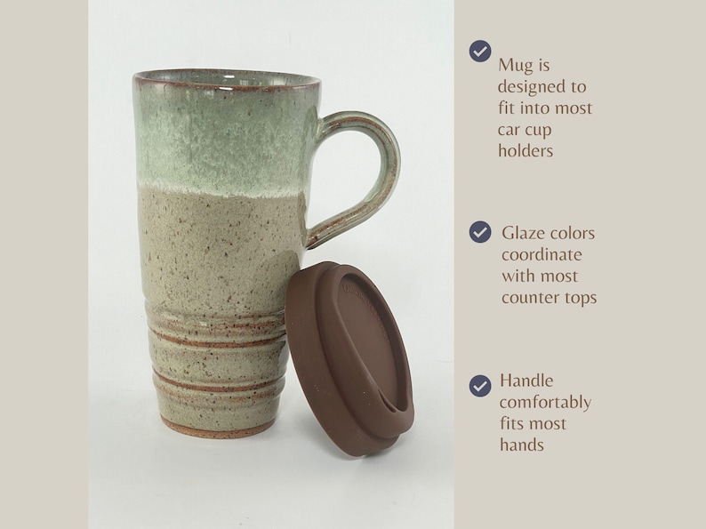A Seafoam Green Travel Mug with Lid plus listed features:
Mug is designed to fit most car cup holders.
Glaze colors coordinate with most counter tops.
Handle comfortably fits most hands.