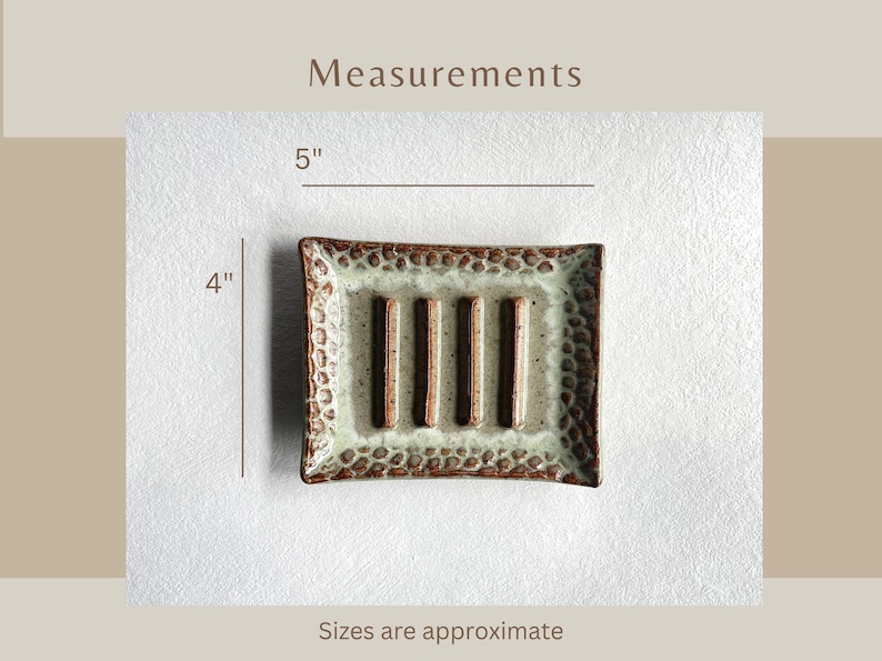 A Seafoam Green Soap Dish showing measurements:
Five inches wide and four inches tall.
Sizes are approximate