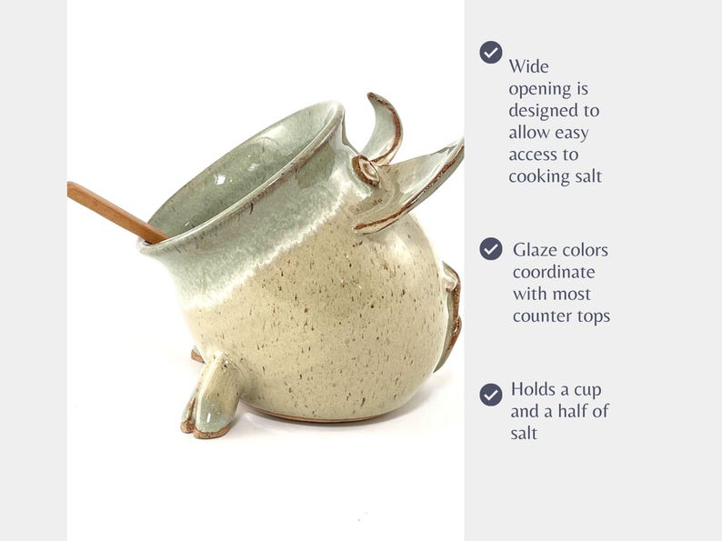 A Seafoam Green Salt Pig with wooden spoon, next to three functional facts:
Wide opening is designed to allow easy access to cooking salt.
Glaze colors coordinate with most kitchen counter tops.
Holds a cup and a half of salt.