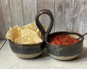 Double Salsa Bowl, Divided Serving Bowl, Pistachio Nut Server, Condiment Dish