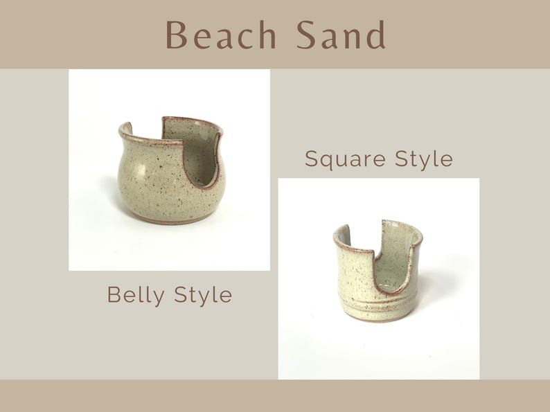 Beach Sand Sponge Holders in Belly Style (on left) and Square Style (on right) showing similarities and differences of the two styles.