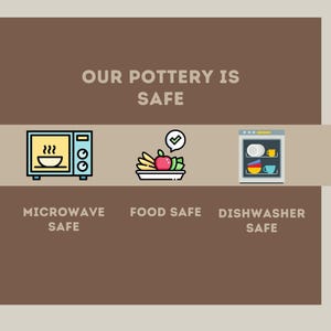 Words showing "Our pottery is safe" with descriptions under icons saying: Microwave Safe under an icon of a microwave, Food Safe under a fruit tray, and Dishwasher Safe under an icon of a dishwasher.