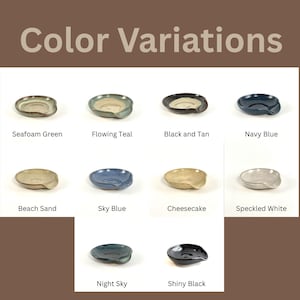 Color variations with ten different Spoon Rests all labeled with their color including Seafoam Green, Flowing Teal, Black and Tan, Navy Blue, Beach Sand, Sky Blue, Cheesecake, Speckled White, Night Sky, and Shiny Black.