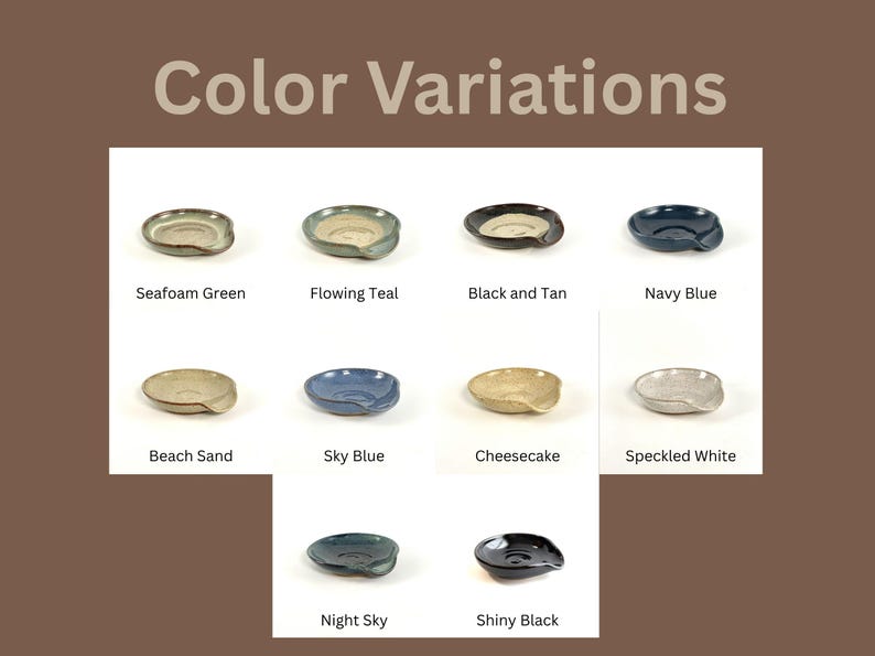 Color variations with ten different Spoon Rests all labeled with their color including Seafoam Green, Flowing Teal, Black and Tan, Navy Blue, Beach Sand, Sky Blue, Cheesecake, Speckled White, Night Sky, and Shiny Black.
