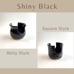 Shiny Black Sponge Holders in Belly Style (on left) and Square Style (on right) showing similarities and differences of the two styles.