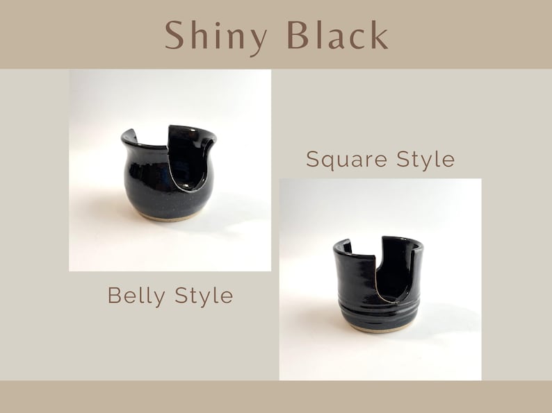 Shiny Black Sponge Holders in Belly Style (on left) and Square Style (on right) showing similarities and differences of the two styles.