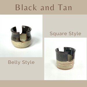 Showing both Belly and Square style Cup Dispensers / Sponge Holders in the color Black and Tan