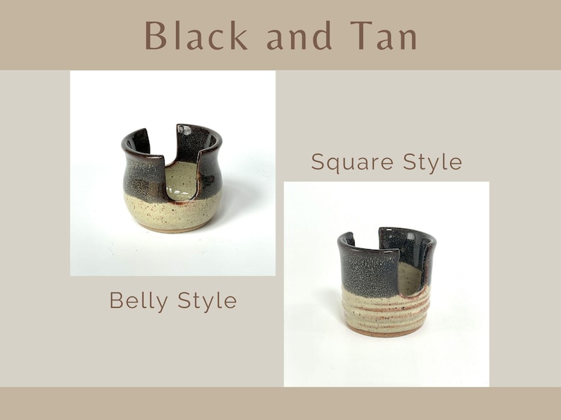 Showing both Belly and Square style Cup Dispensers / Sponge Holders in the color Black and Tan