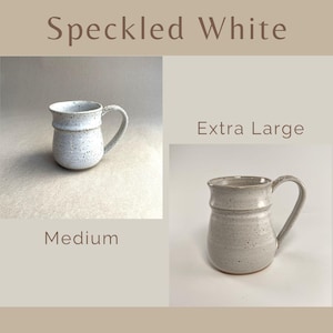 Showing two Speckled White Banded Belly Mugs, one sized Medium and the other sized Extra Large