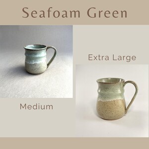 Showing two Seafoam Green Banded Belly Mugs, one sized Medium and the other sized Extra Large