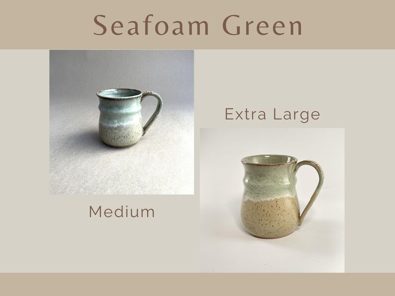 Showing two Seafoam Green Banded Belly Mugs, one sized Medium and the other sized Extra Large
