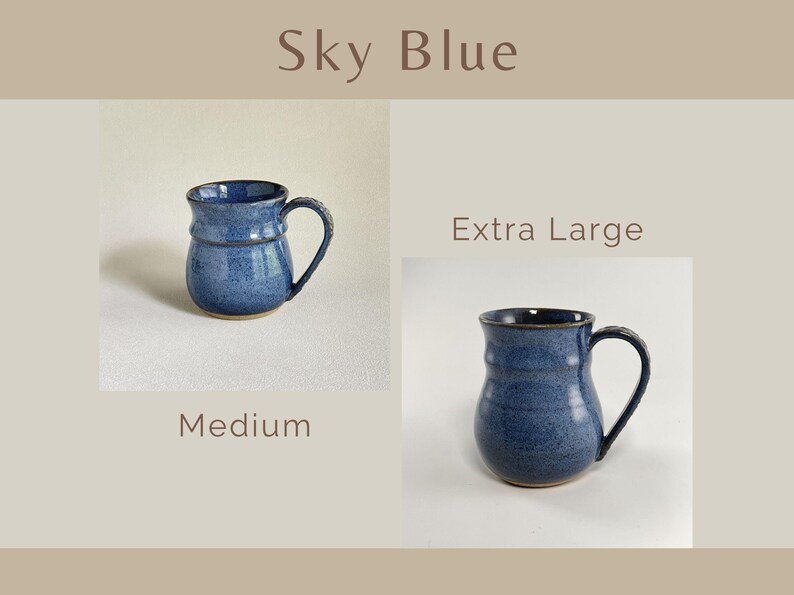 May include: Two sky blue ceramic mugs with a speckled finish and a rounded body shape. One mug is labeled Medium and the other is labeled Extra Large. Both mugs feature a curved handle and a flared rim, showcasing a consistent blue glaze.