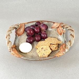 Medium Decorative Pottery Platter with Handles, Pottery Serving Tray, Pottery Platter with Leaf Design, Ceramic Platter, Ceramic Plate
