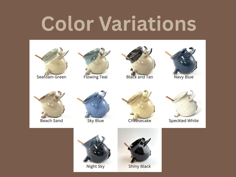 Color variations with ten different Salt Pigs all labeled with their color including Seafoam Green, Flowing Teal, Black and Tan, Navy Blue, Beach Sand, Sky Blue, Cheesecake, Speckled White, Night Sky, and Shiny Black.