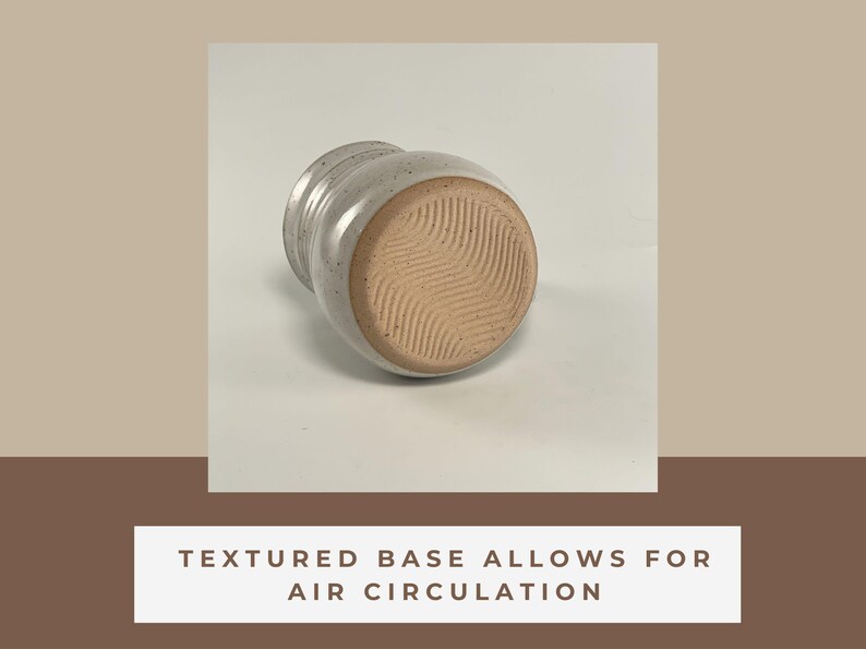 Showing the bottom of a Banded Belly Mug labeled with Textured base allows for air circulation.