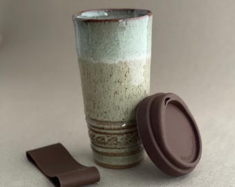 Handcrafted Stoneware Travel Mug: Large 16 oz, Silicone Lid & Sleeve