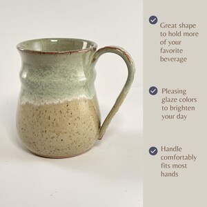 A Seafoam Green Banded Belly Mug with describing features including:
Great Shape to hold more of your favorite beverage.
Pleasing glaze colors to brighten your day.
Handle comfortably fits most hands.