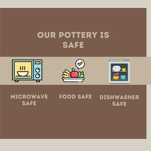 Words showing "Our pottery is safe" with descriptions under icons saying: Microwave Safe under an icon of a microwave, Food Safe under a fruit tray, and Dishwasher Safe under an icon of a dishwasher.