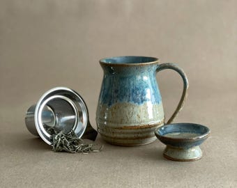Handmade Pottery Tea Infuser Mug Set: Stainless Steel Infuser & Lid