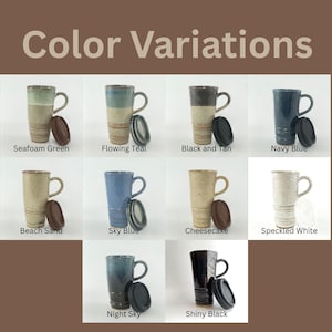 Color variations with ten different Travel Mugs all labeled with their color including Seafoam Green, Flowing Teal, Black and Tan, Navy Blue, Beach Sand, Sky Blue, Cheesecake, Speckled White, Night Sky, and Shiny Black.