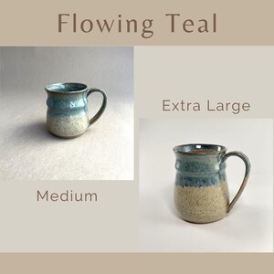 Showing two Flowing Teal Banded Belly Mugs, one sized Medium and the other sized Extra Large