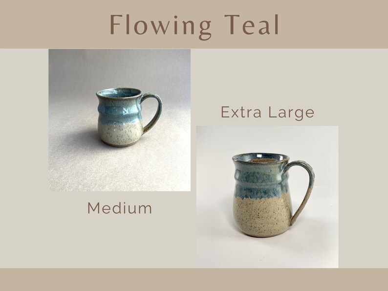 Showing two Flowing Teal Banded Belly Mugs, one sized Medium and the other sized Extra Large