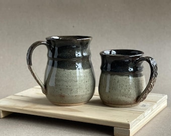 Handmade Stoneware Mug, Textured Handle, Rounded Pottery Coffee Cup