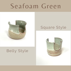 Seafoam Green Sponge Holders in Belly Style (on left) and Square Style (on right) showing similarities and differences of the two styles.