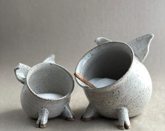 Cochon de sel en céramique fait main avec cuillère, salière de cuisine