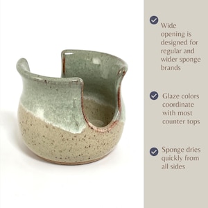 A Seafoam Green Sponge Holder next to three listed features that are:
Wide opening is designed for regular and wider sponge brands.
Glaze colors coordinate with most counter tops.
Sponge dries quickly from all sides.