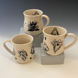 Handcrafted Halloween Mug: Ghost & Haunted House Porcelain Coffee Cup