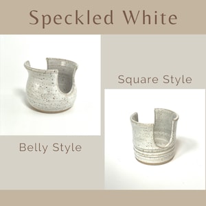 Speckled White Sponge Holders in Belly Style (on left) and Square Style (on right) showing similarities and differences of the two styles.