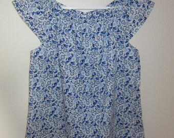 blouse femme fait main  en voile de coton Liberty bleu porcelaine