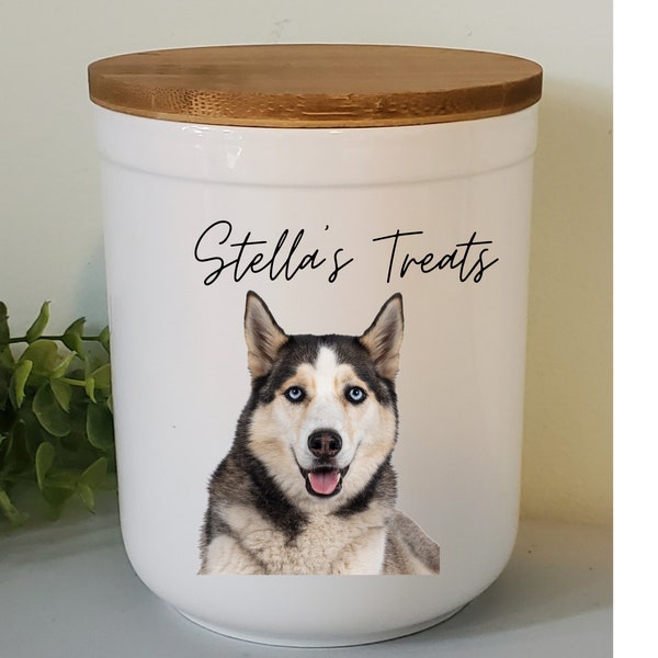 Custom Dog Treat jar with photo,  white ceramic dog treat holder, Dog gift