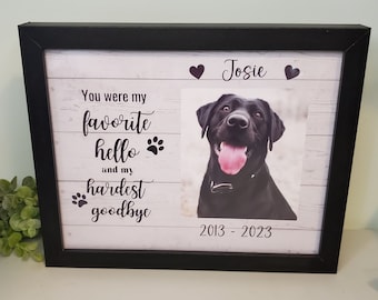 May include: Black and white framed photo with a black dog in the center. The photo has the text "You were my favorite hello and my hardest goodbye" and "Josie" with two hearts. The dates "2013 - 2023" are printed below the photo.