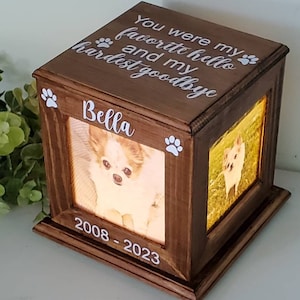 May include: Wooden memorial box with a photo of a small white dog. The box has a glass front and a light inside. The text on the box reads "You were my favourite hello and my hardest goodbye Bella 2008-2023".