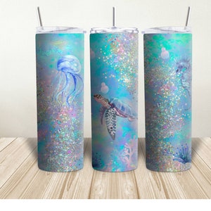 Glitter Sea Turtle tumbler,  beach tumbler, ocean tumbler, sea turtle,  jellyfish, gift