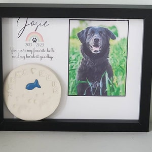 May include: A black framed picture with a photo of a black dog in a field of green grass. The picture has a white mat and a white background with the text "Josie 2013-2023 You were my favorite hello and my hardest goodbye". There is a white ceramic paw print with a blue fish on it in the lower left corner of the picture.