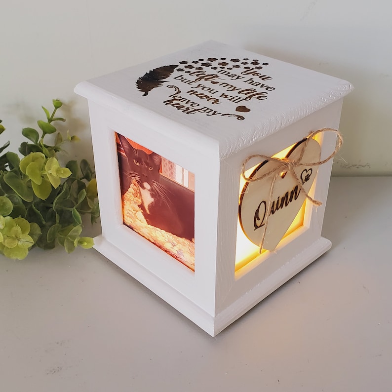 Puede incluir: Caja de madera blanca con una ventana en forma de coraz&oacute;n iluminada. El coraz&oacute;n tiene el nombre "Quinn" grabado en &eacute;l. La caja tambi&eacute;n tiene una ventana de fotos con un gato blanco y negro dentro. La parte superior de la caja tiene el texto "You may have left my life but you will never leave my heart" grabado en ella.