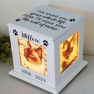 May include: White wooden box with a photo of a cat inside. The box has a light inside and the text "I've loved you your whole life now I'll miss you the rest of mine" and "Willow 2006-2023" on the front.