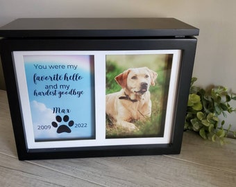 May include: Black wooden box with a white frame and two photos. The left photo has a blue and white background with the text "You were my favorite hello and my hardest goodbye Max 2009 2022". The right photo shows a golden retriever dog.