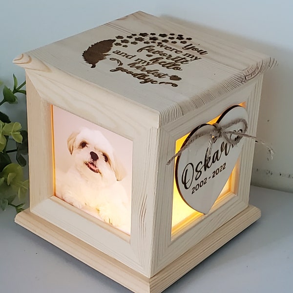 Custom Pet Urn for dog with photos, Pet Memorial urn for dogs ashes,  cat urn for ashes, Dog Urn cremation box, Lighted urn