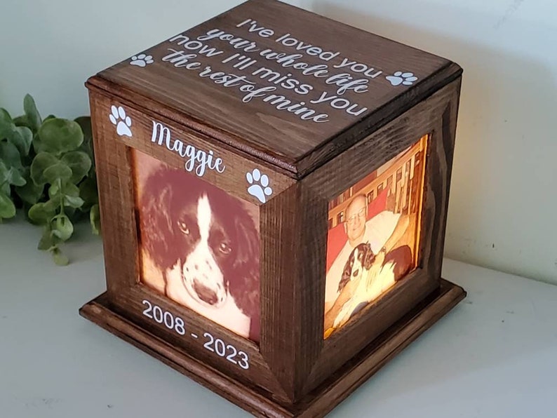 May include: A wooden box with a photo of a dog and a person inside. The box has a light inside and the text "I've loved you your whole life now I'll miss you the rest of mine" and "Maggie 2008-2023" on the front.