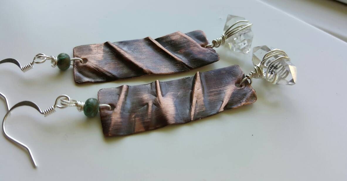Fold Formed Copper Earrings. Rutilated Black Quartz. Copper Etsy
