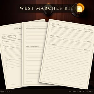 May include: A West Marches Kit consisting of three cream-colored paper sheets with black text and lines. The pages feature sections titled The Rules of the Marches, Player Roster, Expedition Log, Deaths & Disappearances, Region Claims, Dangers Still Out There, and The World Moved.