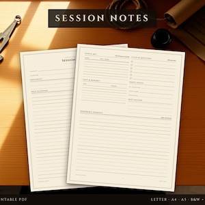 May include: Two off-white printable session note pages with black text and lines. The top of the pages feature the title SESSION NOTES. Sections include People Met, Loot & Rewards, Party Status, Clues & Questions, and Memorable Moments.