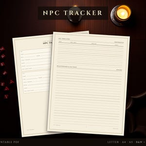 Puede incluir: Dos hojas de seguimiento de PNJ de color crema con texto y líneas negras. La hoja superior presenta secciones para NPC Directory y Relationships & Factions. La hoja inferior incluye campos para Name, Race, Class y Notes. El texto NPC TRACKER es visible.